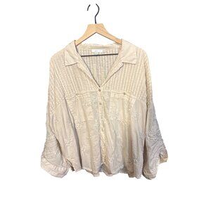 Kyla Seo Womens Embroidered Blouse Size L Cotton Blend Pinstripe & Floral Embroi